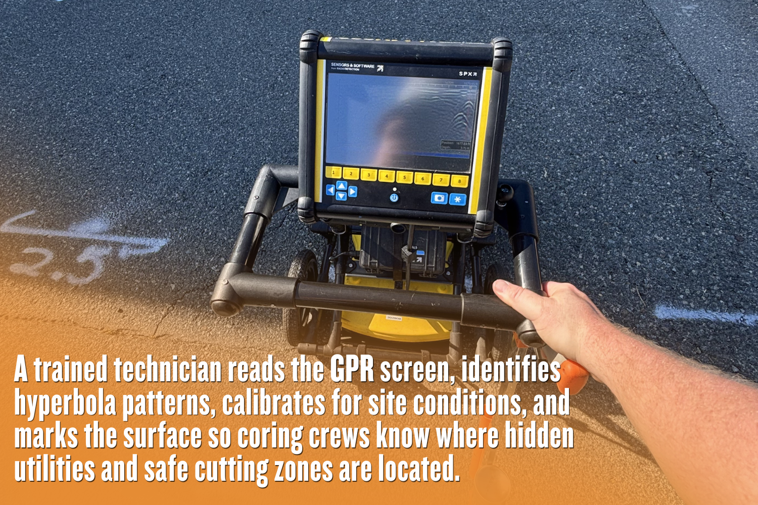 Technician using a GPR concrete scanner to interpret radar data and mark hidden utilities on the pavement