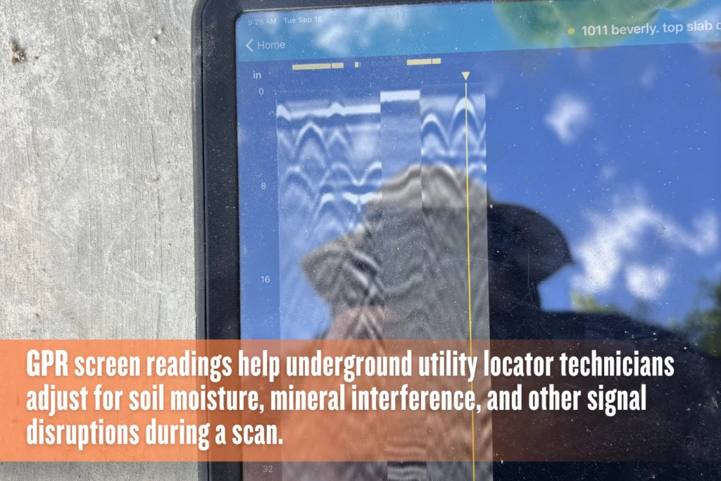 GPR equipment screen showing subsurface radar signals used by an underground utility locator to identify signal disruptions.