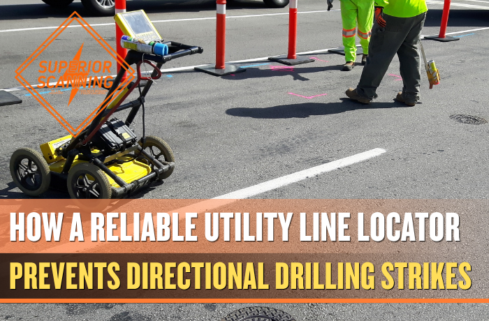 Utility line locator using GPR equipment and pavement markings to help prevent directional drilling strikes on a roadway.