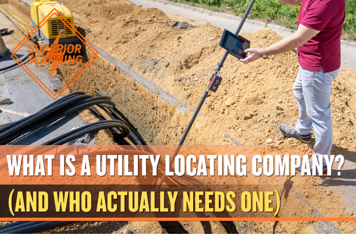 A utility locating professional using surveying equipment to map exposed pipes in an open trench.