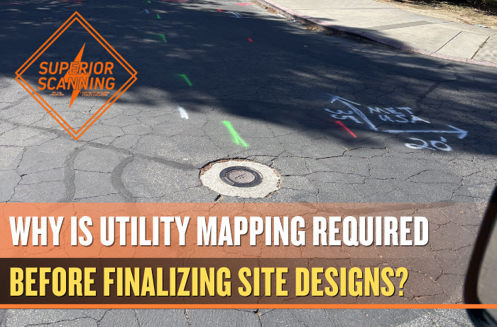 Utility mapping markings on asphalt showing underground utility paths before site design
