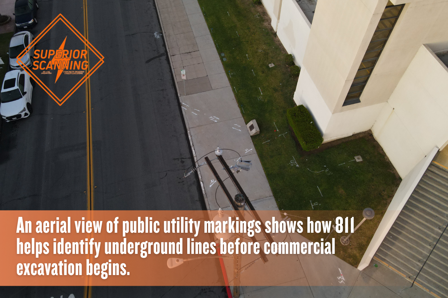 An aerial view of public utility markings shows how 811 helps identify underground lines before commercial excavation begins.