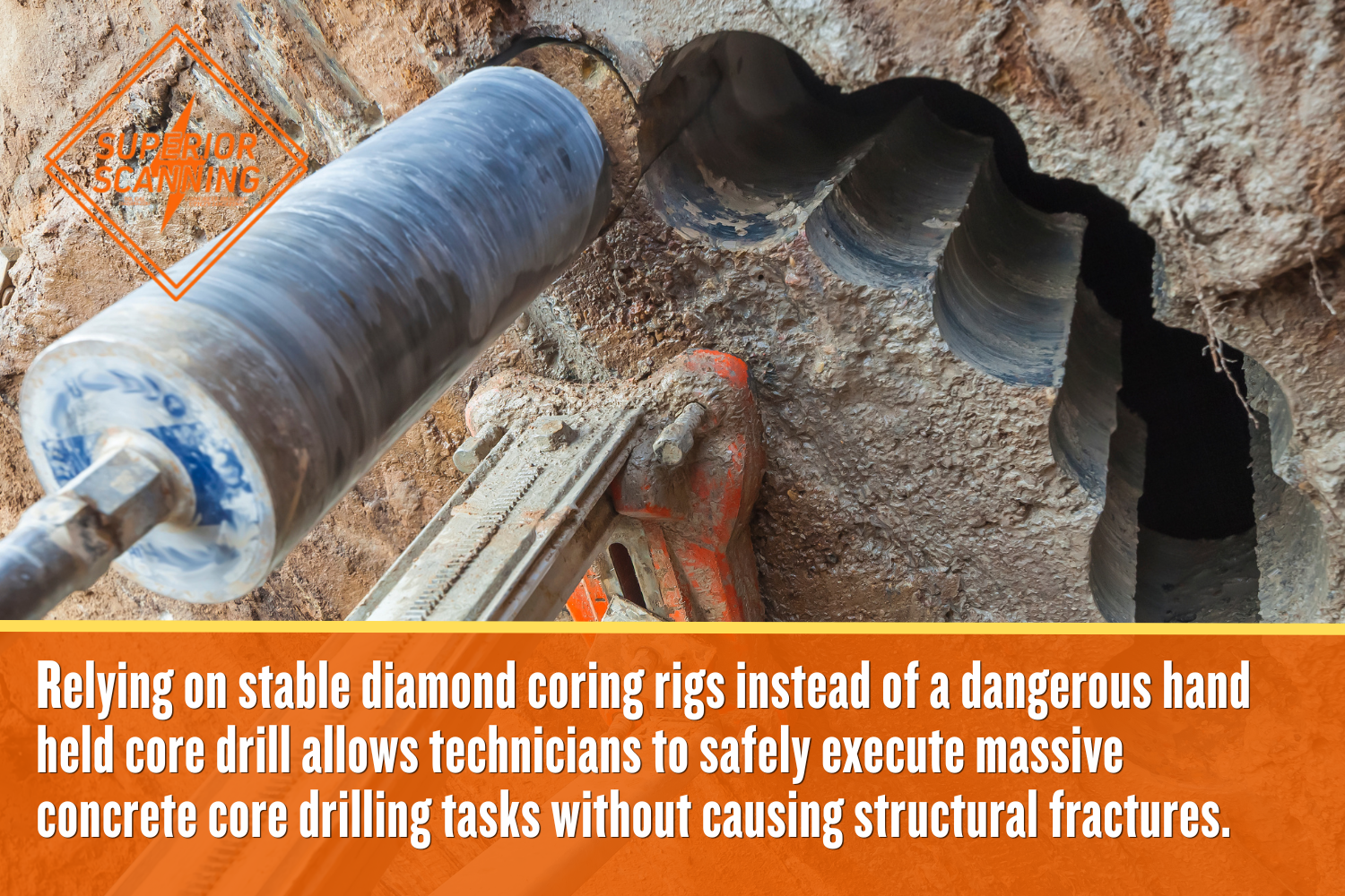 A track-mounted diamond core drill cutting a series of deep, overlapping holes into a thick commercial concrete wall.