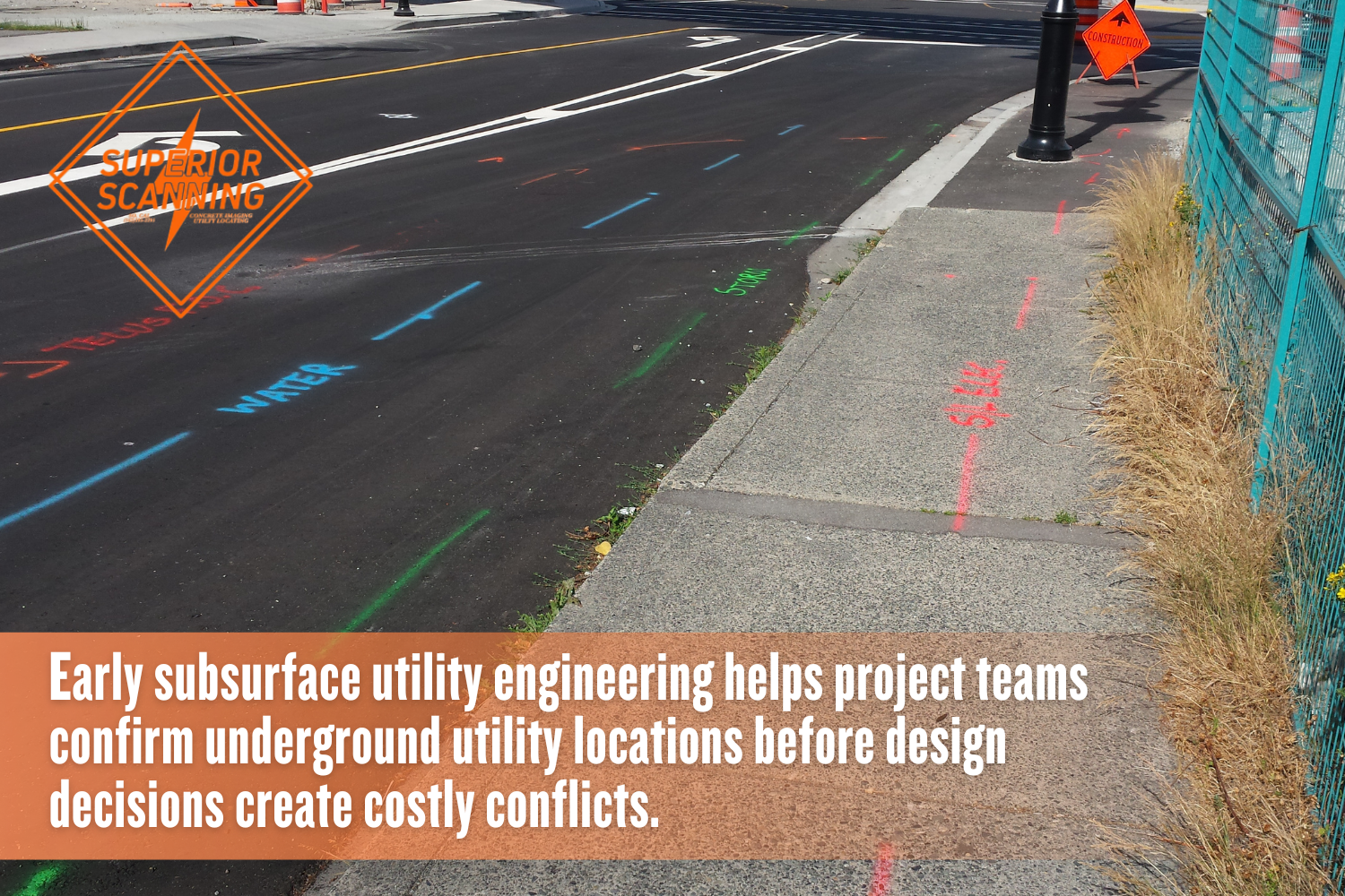 Color-coded utility markings on a roadway and sidewalk showing subsurface utility engineering used during early commercial site planning.