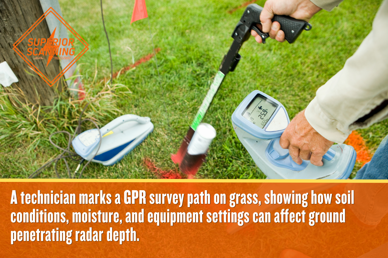 Technician using GPR scanning equipment near painted utility marks to evaluate ground penetrating radar depth before underground locating work.