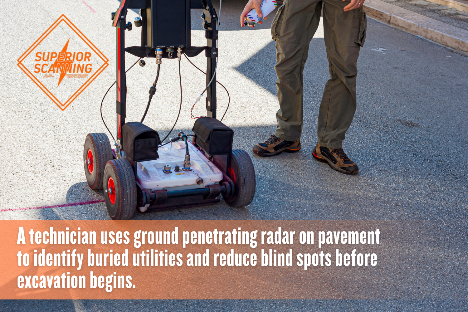 Ground penetrating radar equipment scanning pavement for underground utilities, cables, and buried hazards before construction excavation.