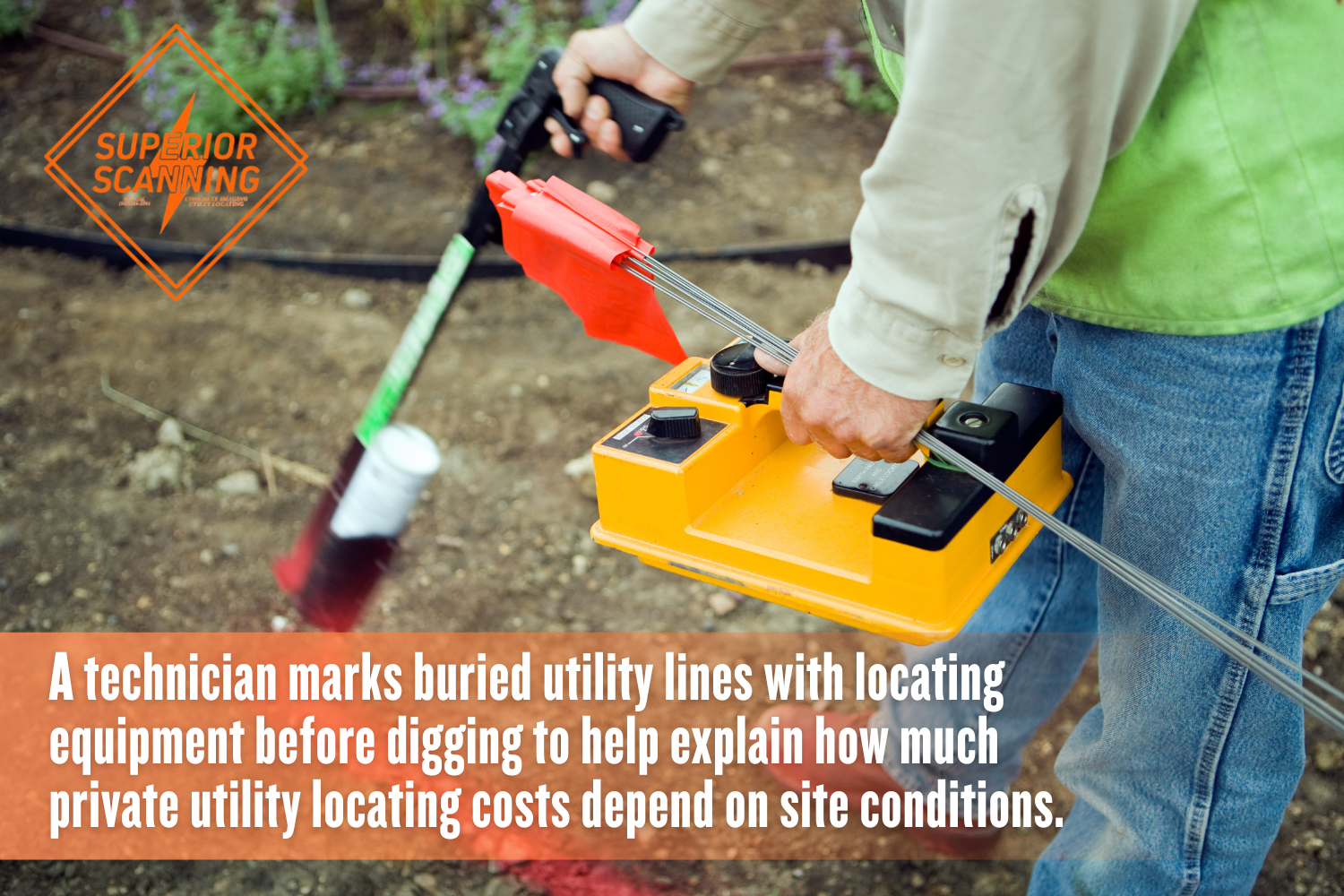 Underground utility locator marking buried utility lines before excavation.