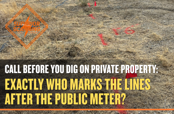 Red utility markings and flag on dry ground showing private utility locating after calling before you dig.