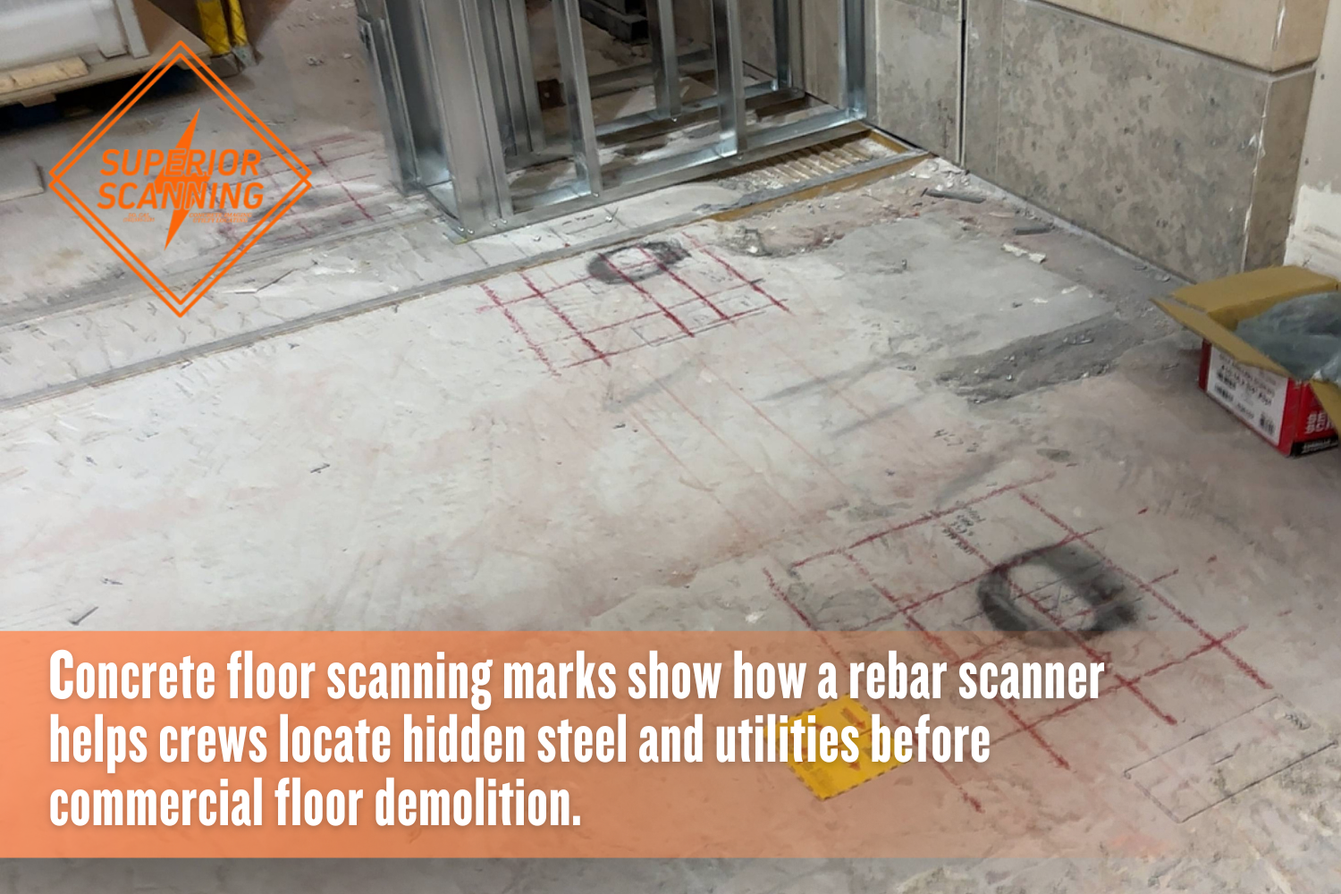 Rebar scanner markings on a commercial concrete floor before demolition