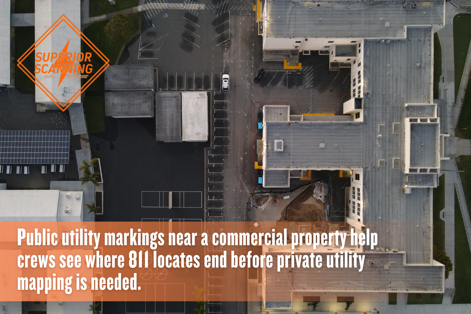 Aerial site markings show where standard 811 locates typically stop at public utility boundaries before responsibility shifts to the private property.