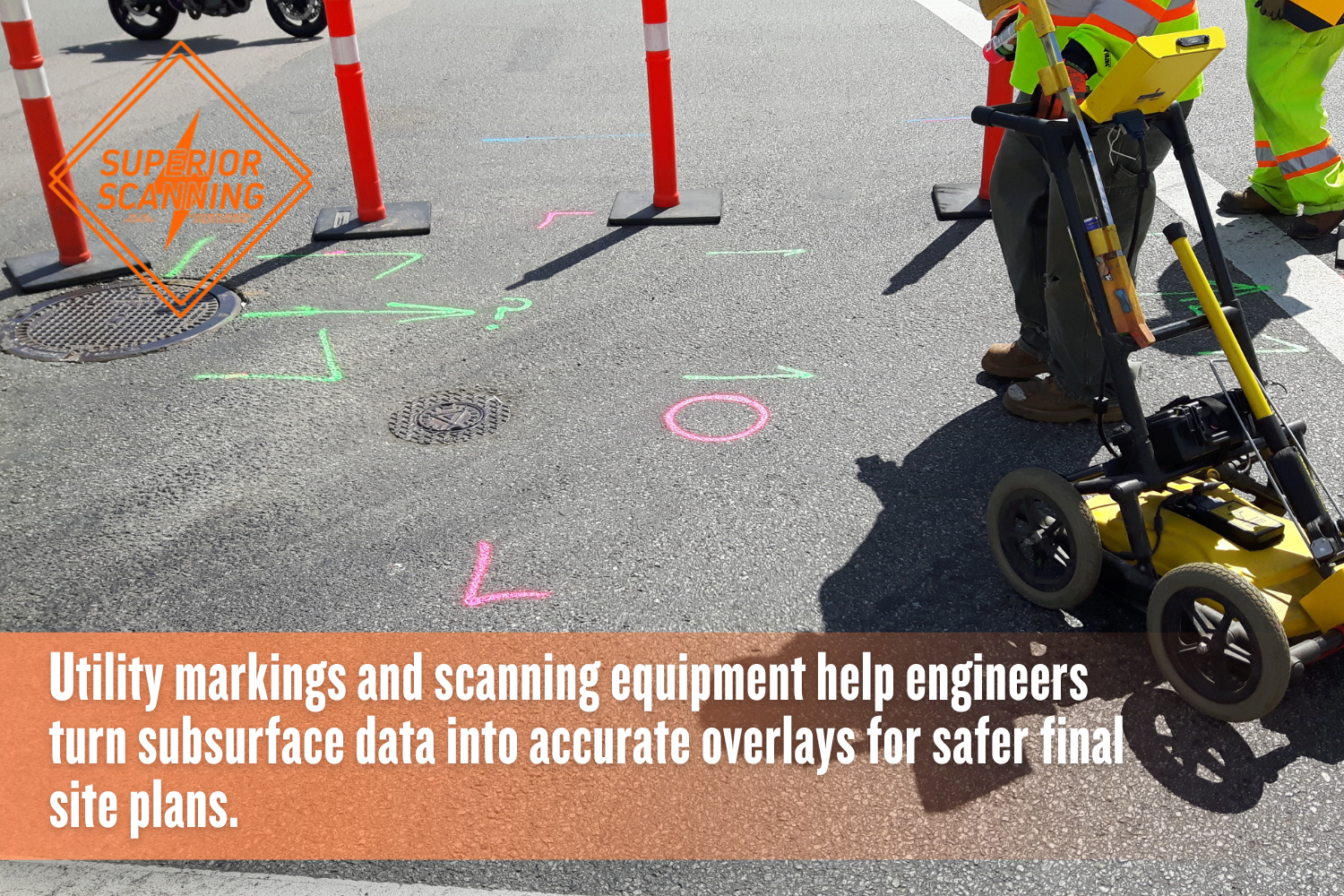 Utility locator equipment near color-coded pavement markings used for subsurface utility mapping before final architectural planning.