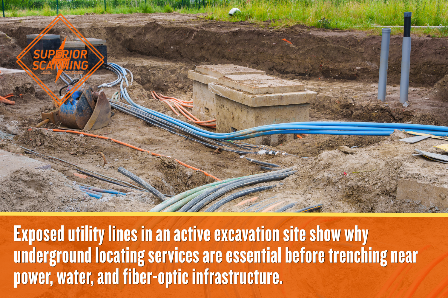 Exposed underground utility lines in a construction trench showing hidden hazards that require GPR utility locating before excavation.