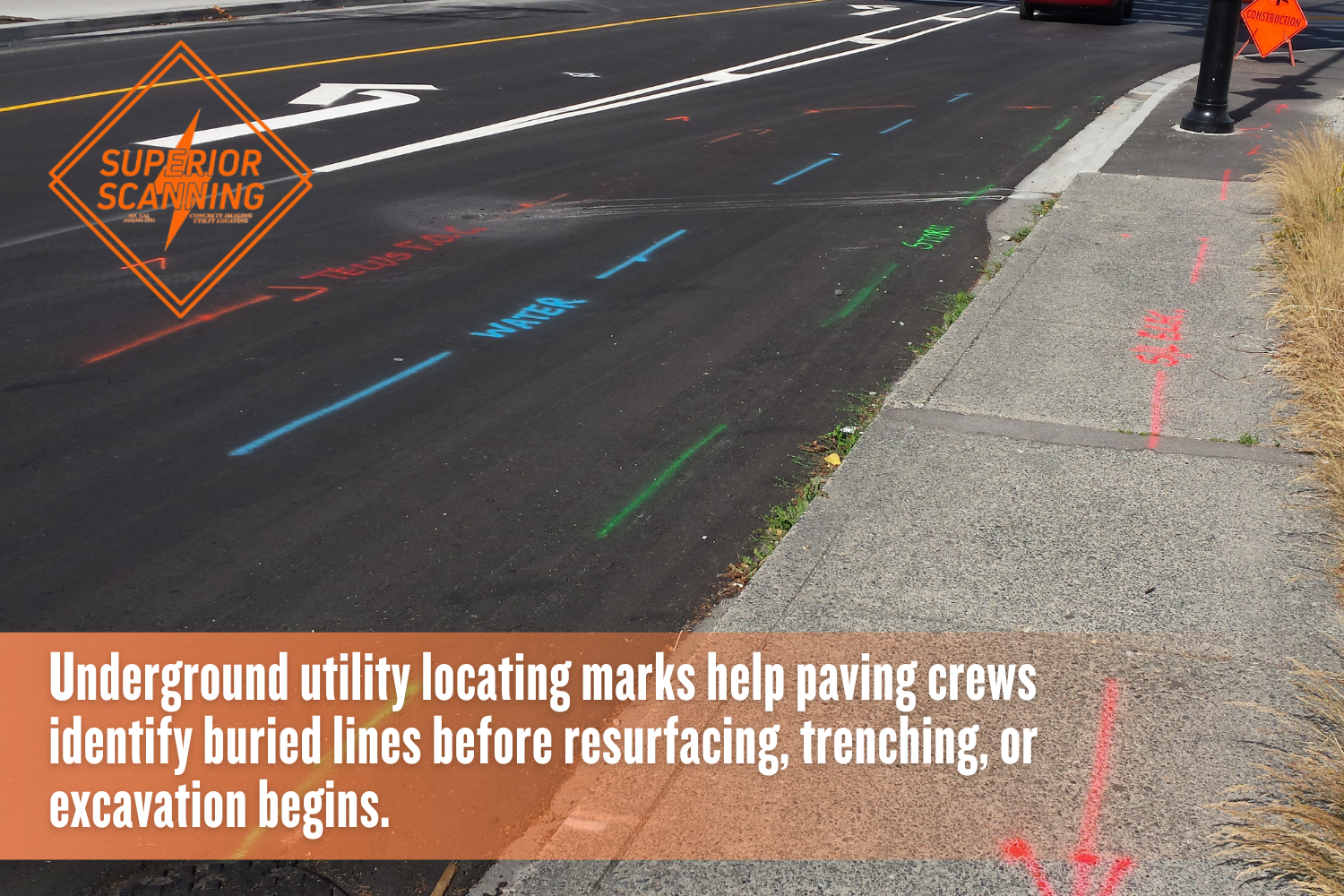 Underground utility locating markings on a parking lot before resurfacing and trenching