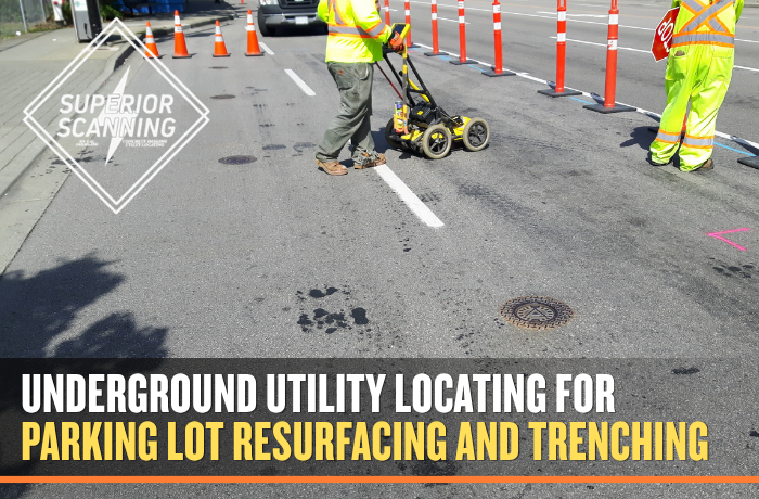 Underground utility locating equipment scanning a paved roadway before trenching
