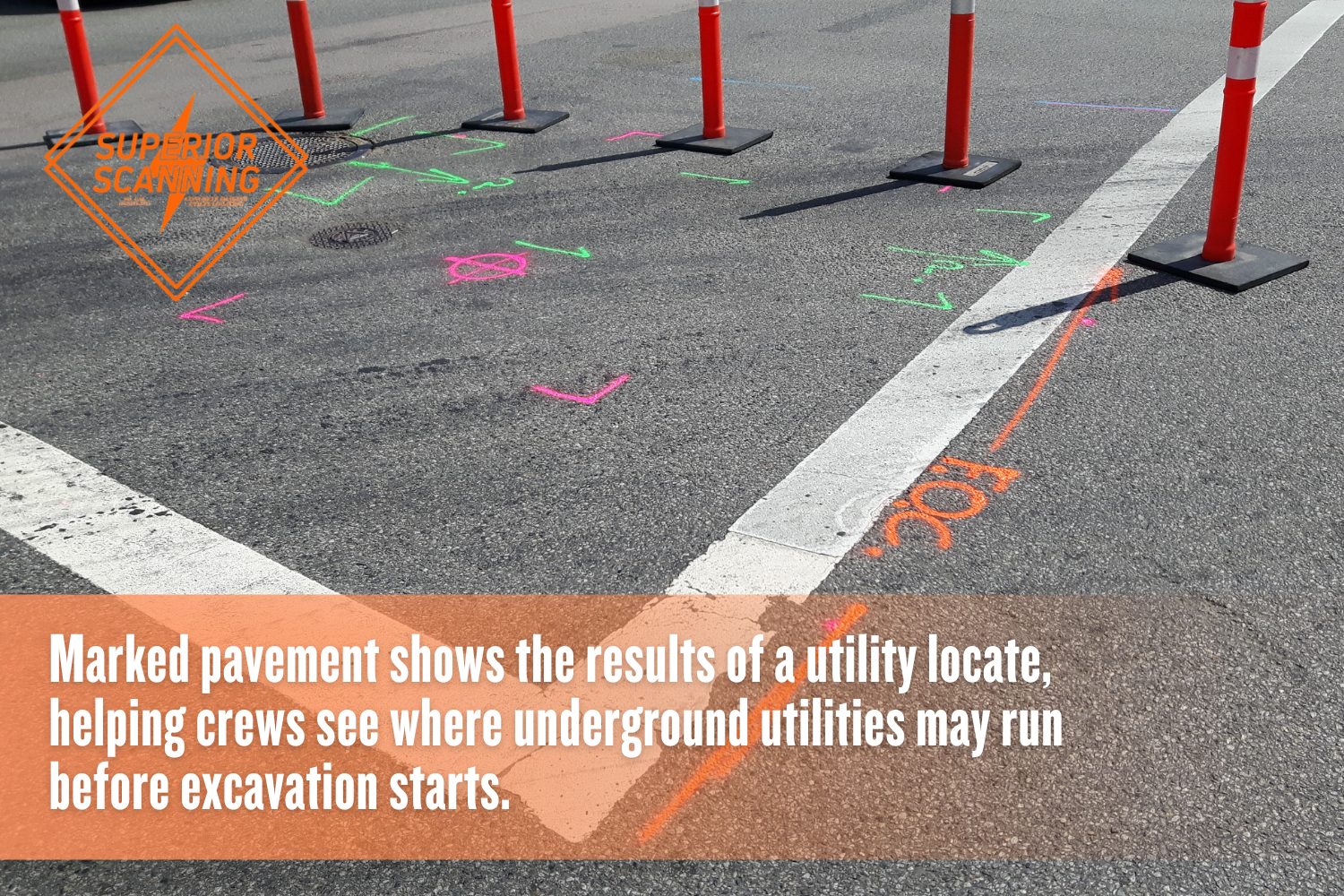 Utility locate markings on pavement showing underground utility paths.
