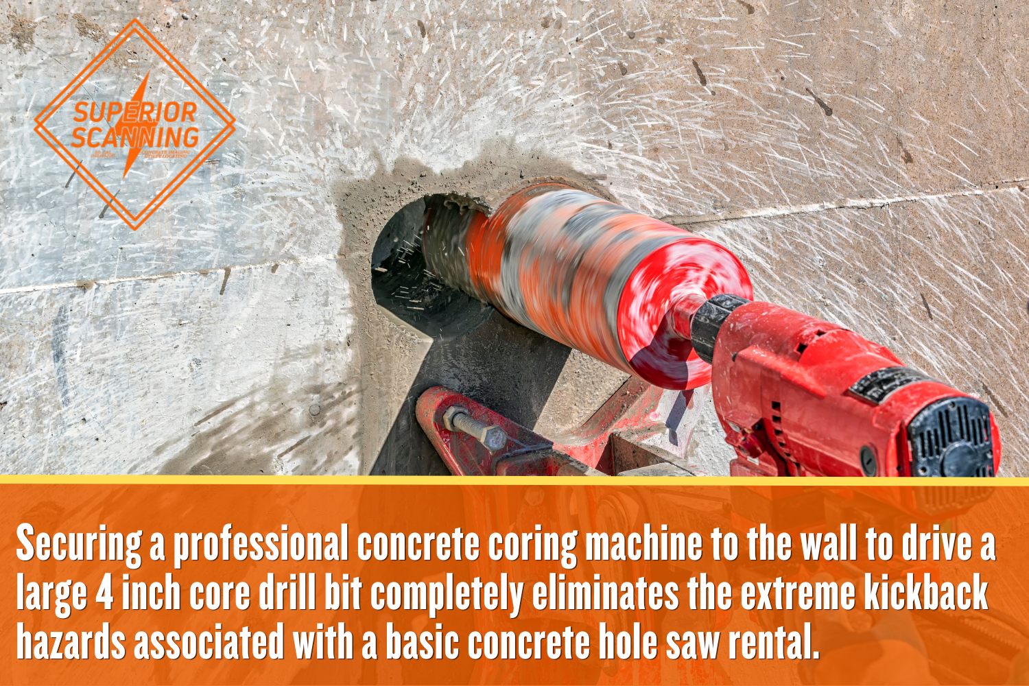 A professional operator using a wall-mounted red concrete coring machine with a wet core drill setup to safely bore a clean hole.