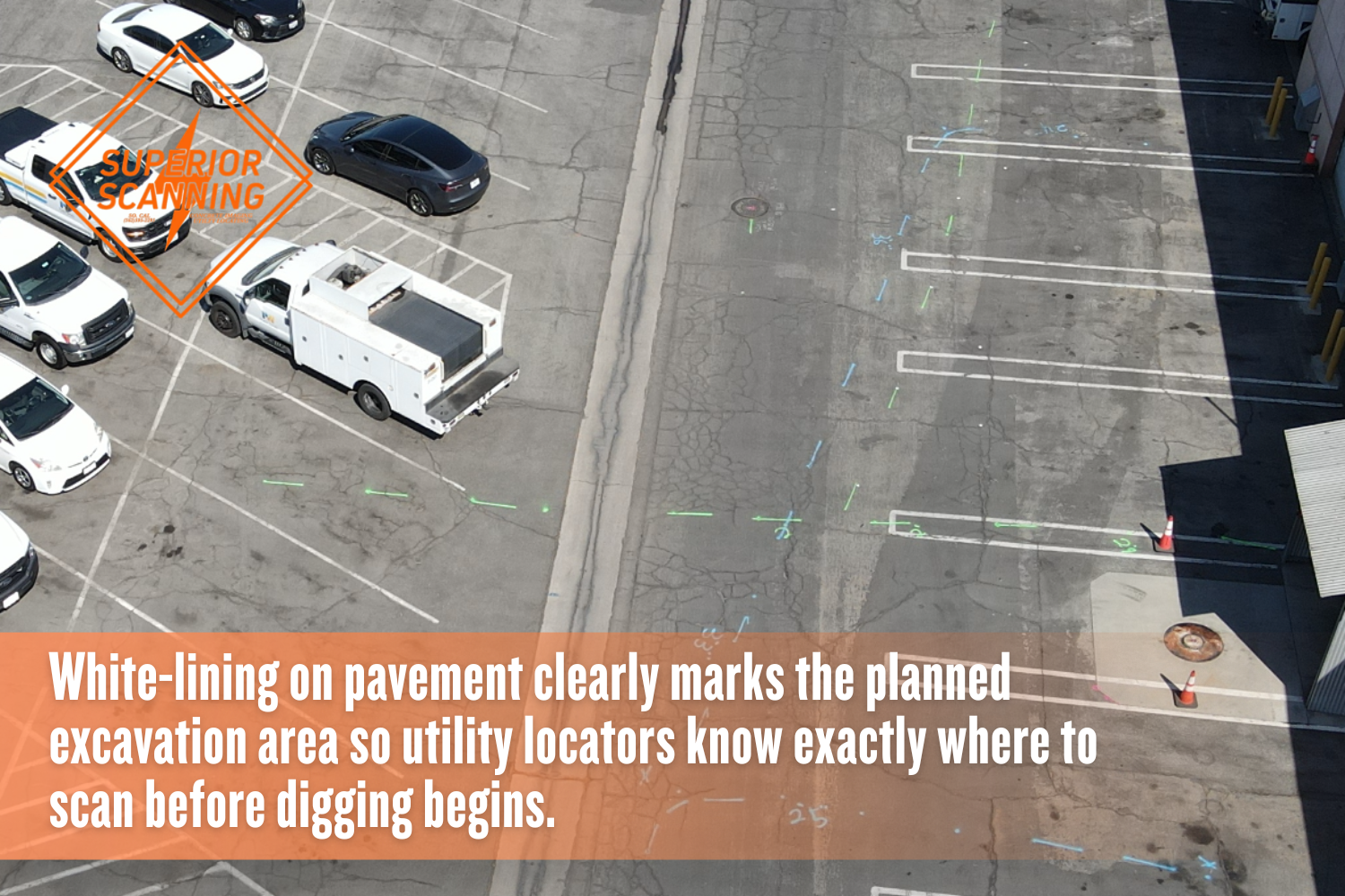 Aerial view of parking lot pavement with white-lining marks showing proposed excavation boundaries before utility locating.