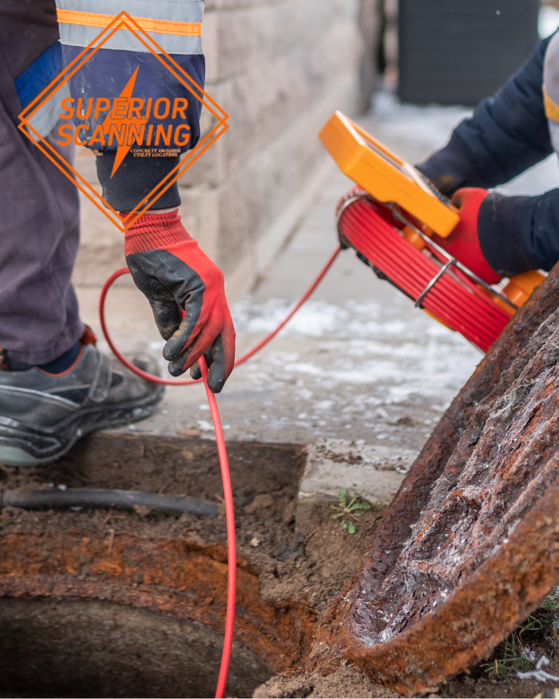 Two workers in reflective jackets and beanies are using a multimeter to check the electrical readings from a manhole cover.
