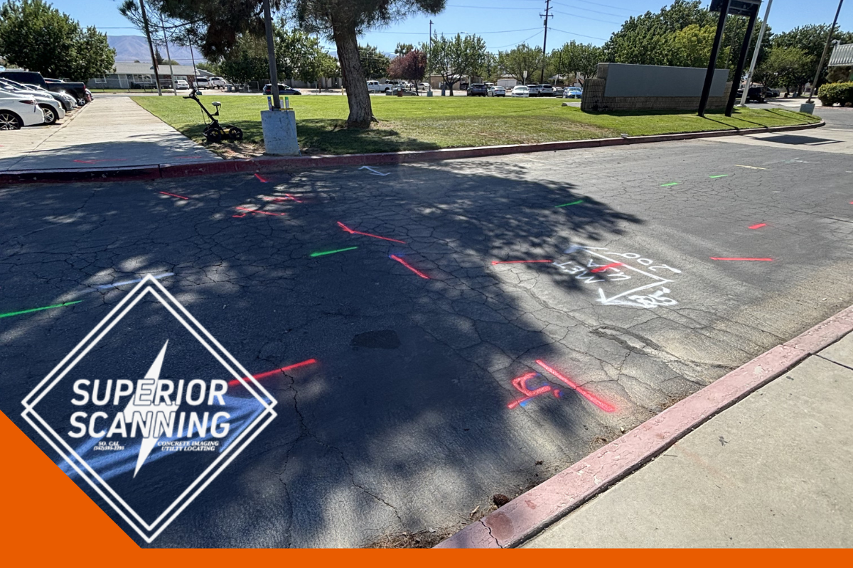 An asphalt surface marked with spray paint, including a double-headed arrow in blue, and various red and green lines and symbols, suggesting utility marking or surveying work.