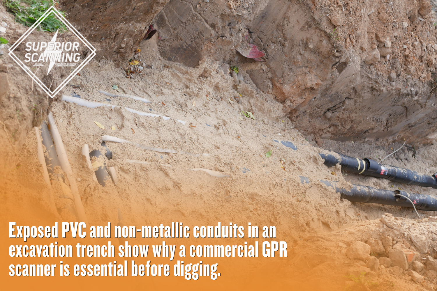 Multiple PVC and non-metallic conduits exposed in a sandy excavation trench during underground utility work.