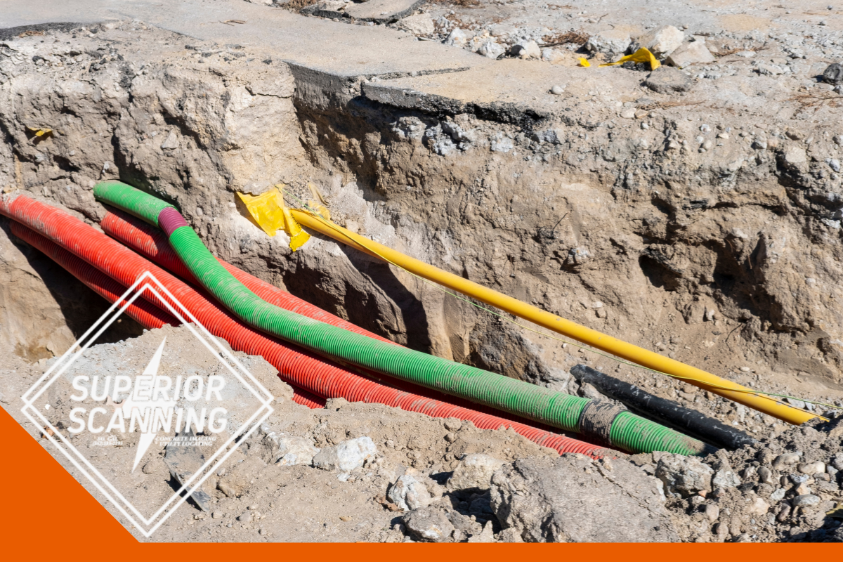 A trench dug in the ground reveals red, green, and black conduits, with a yellow pipe running above them.