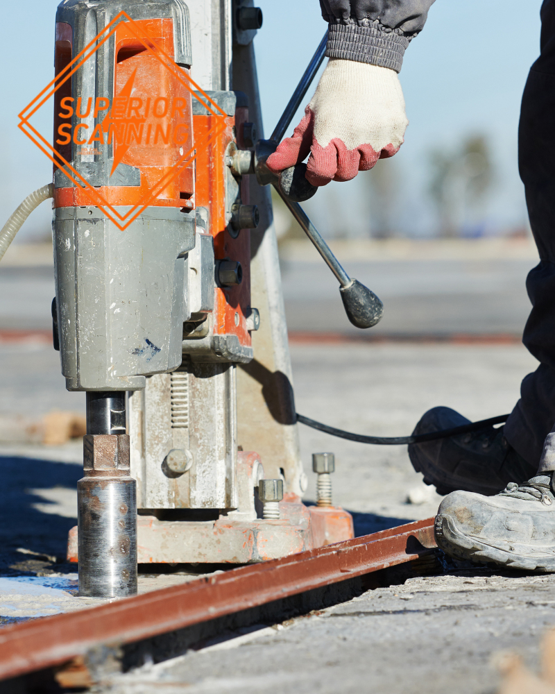A gloved hand operates a drill rig mounted on a stand, drilling into a concrete surface with a metal bar in the foreground.
