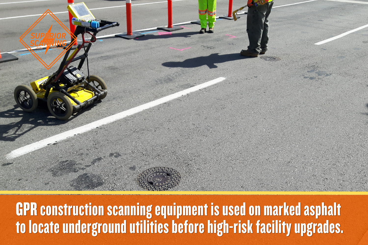 GPR construction scanner on asphalt with utility markings and workers during underground utility locating.