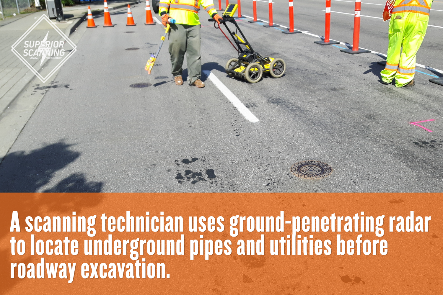 Technician using a GPR pipe locator to scan for underground utilities beneath a paved roadway