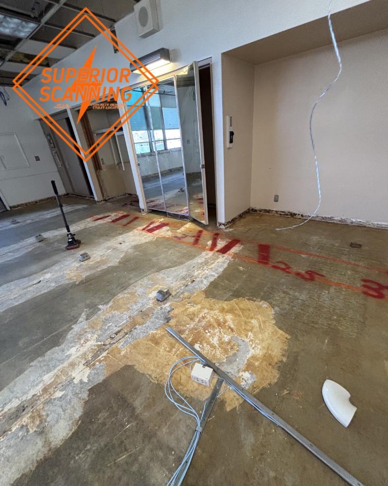 Interior of a room undergoing renovation with exposed concrete flooring, wires, and mirrored doors.