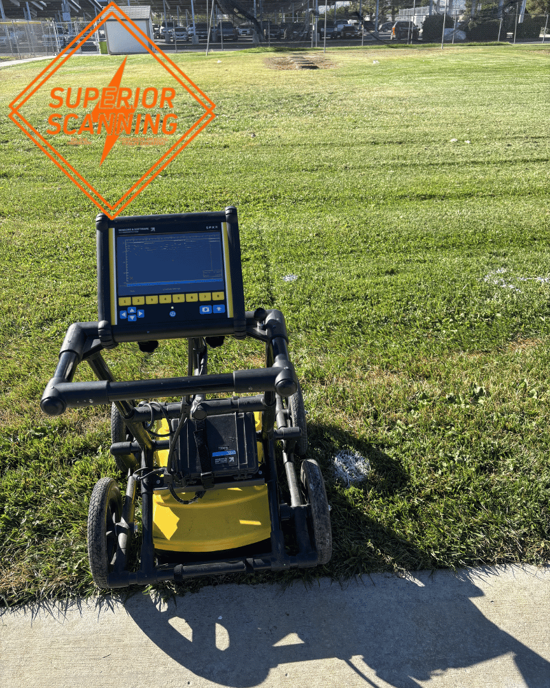 A yellow ground penetrating radar unit with a screen is on a grassy field, with a concrete path in the foreground.
