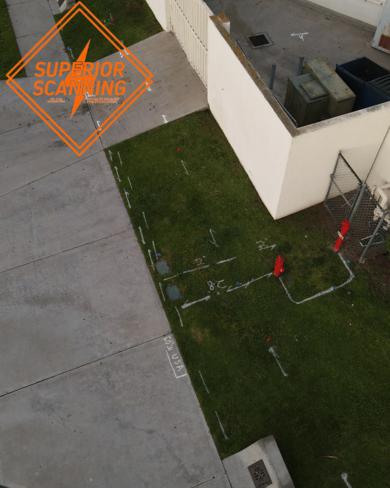 White lines mark underground utilities on a grassy area next to a concrete walkway and a building. Red flags and blue markers are also visible.