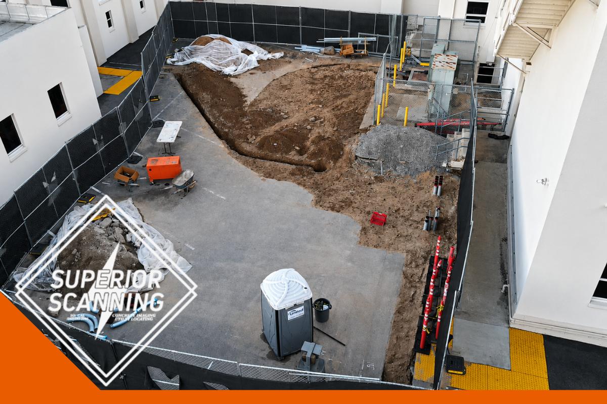 Construction site with excavated dirt, portable toilet, orange generator, and safety fencing.