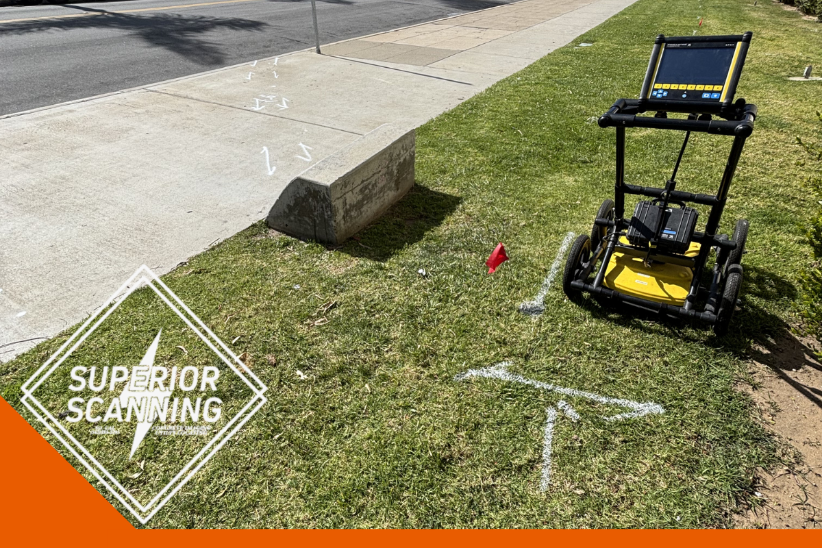 A ground penetrating radar unit is positioned on a grassy area next to a sidewalk with white markings indicating survey points.