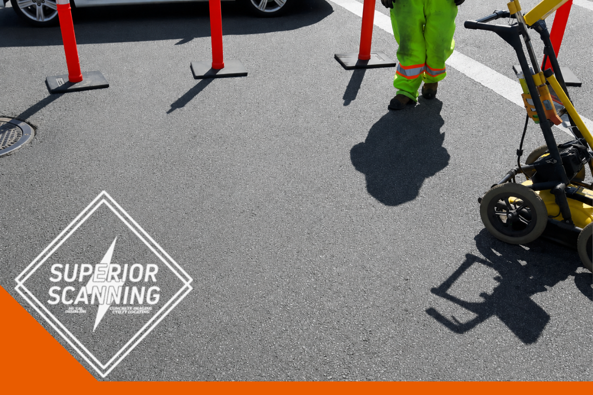 A person in a high-visibility suit walks beside a yellow ground penetrating radar unit on asphalt, with orange cones marking a section of the road.