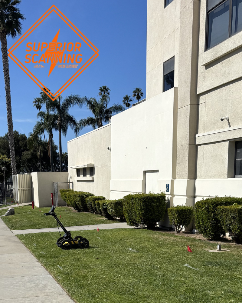 A utility cart with wheels is on a grassy lawn in front of a light-colored building with windows. Palm trees are visible in the background under a blue sky.