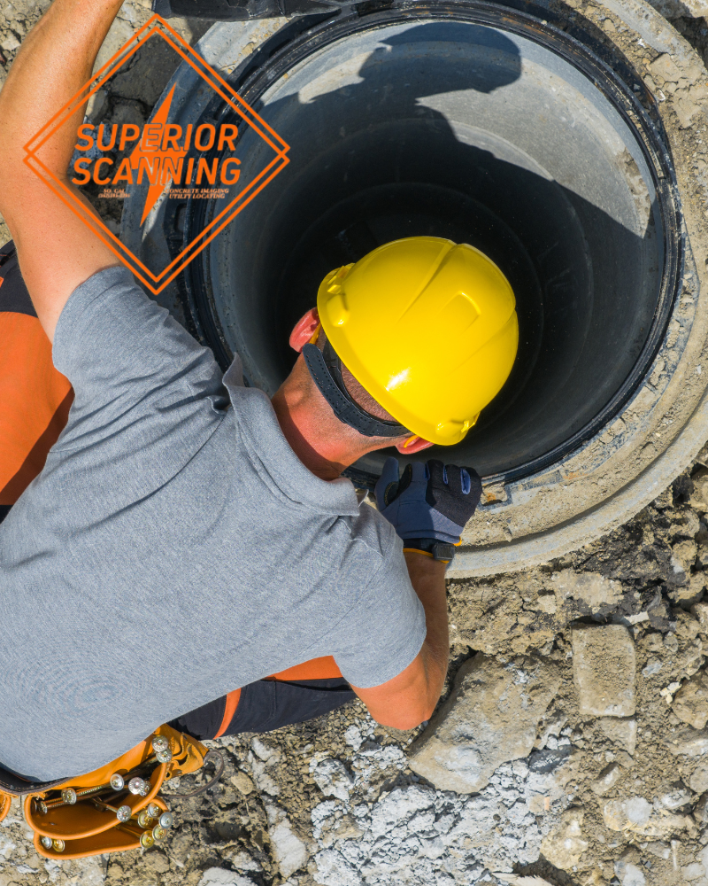 A worker wearing a yellow hard hat and safety gloves inspects a large pipe opening in the ground.