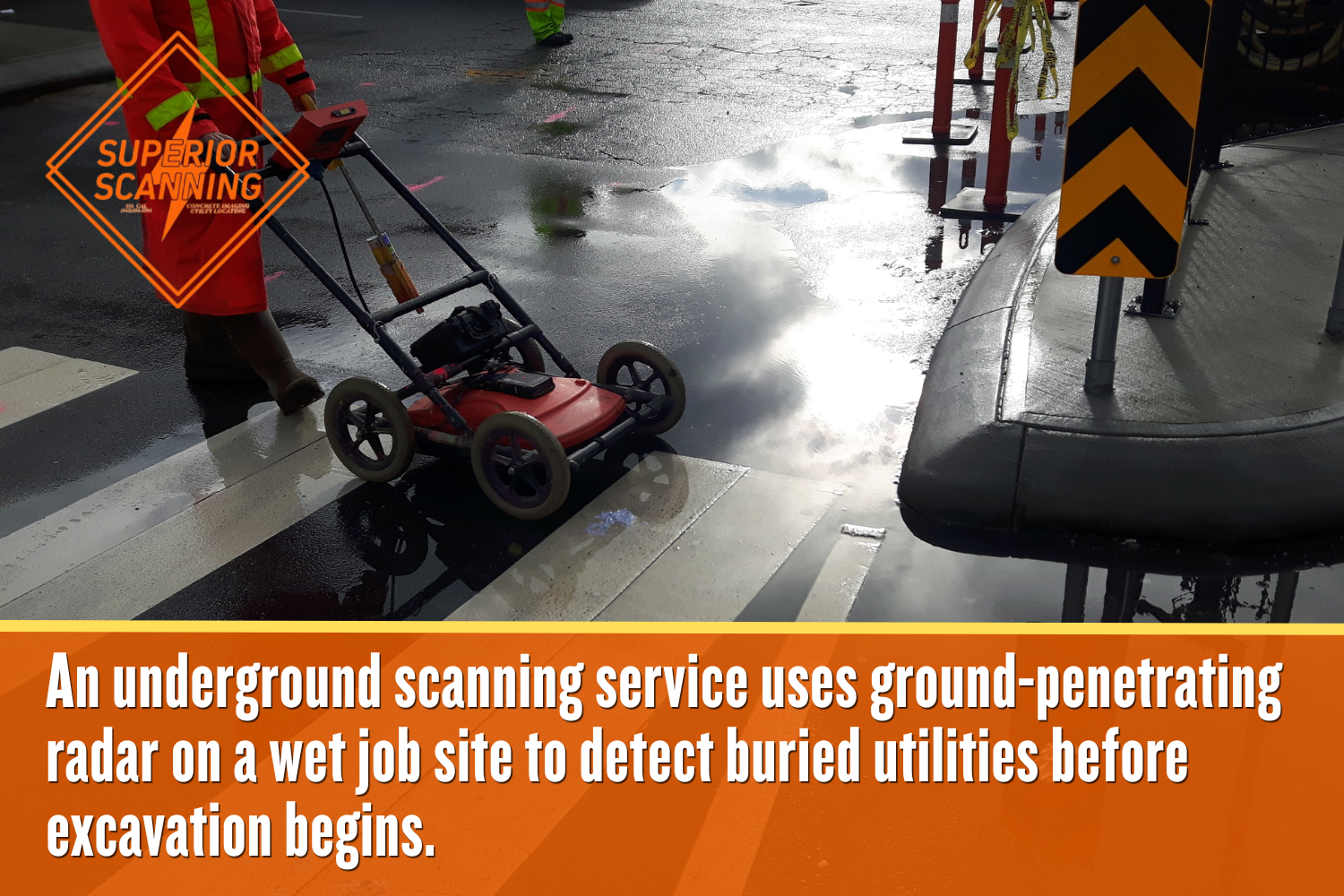 Technician operating ground-penetrating radar on a wet paved surface near standing water and traffic barriers