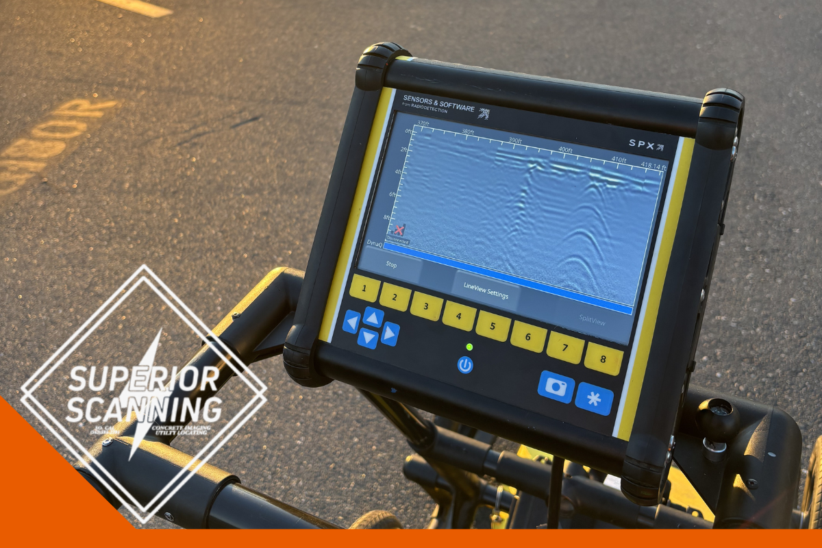 A ground penetrating radar unit with a screen displaying subsurface data sits on asphalt with yellow markings.