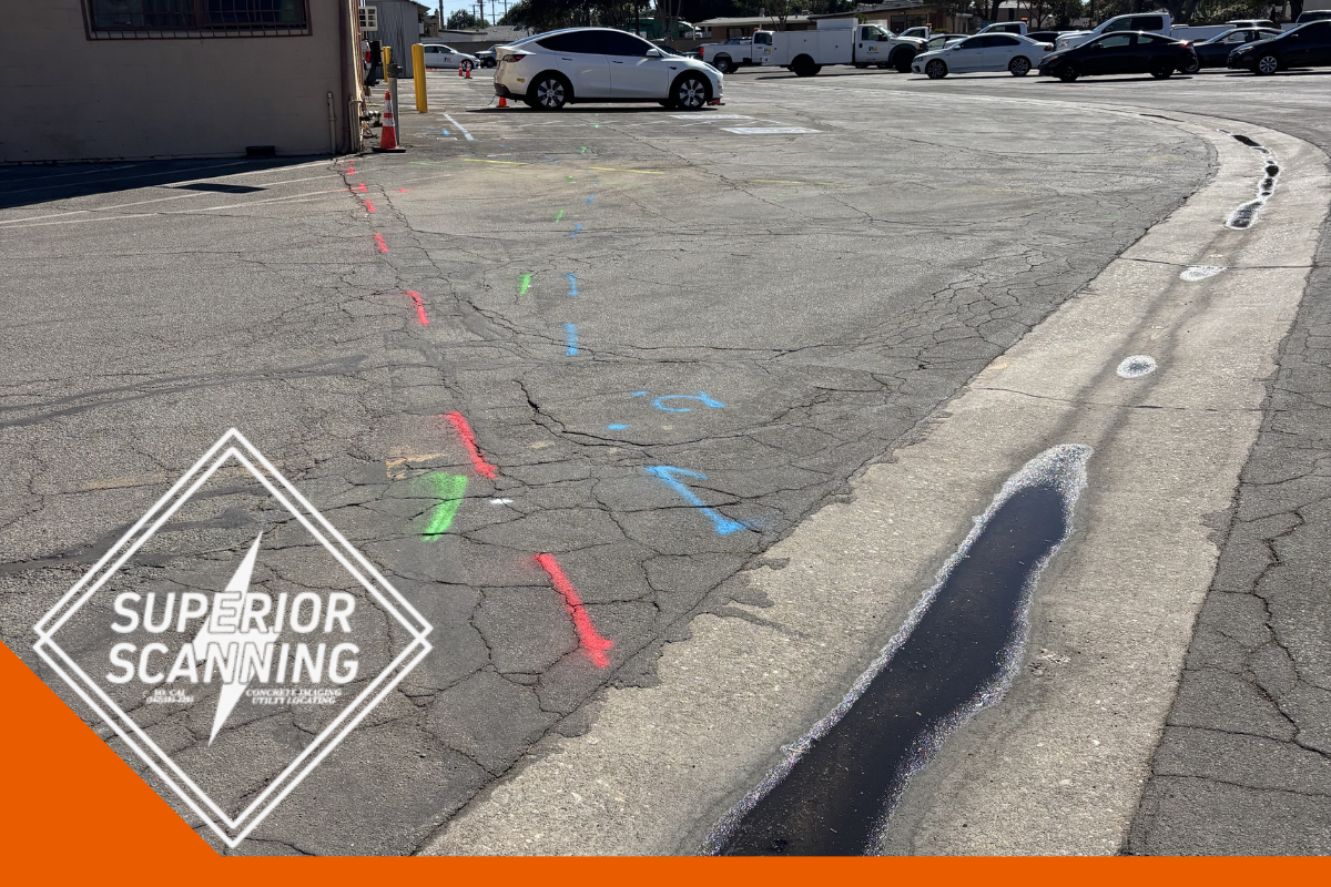 Spray paint marks in red, blue, and green are visible on a cracked asphalt surface in a parking lot. A concrete drainage channel runs along the right side of the image, with puddles of water in it. Cars are parked in the background.