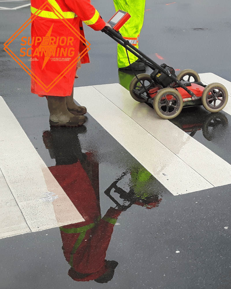 Two people in high-visibility clothing using a ground-penetrating radar unit on a wet crosswalk.