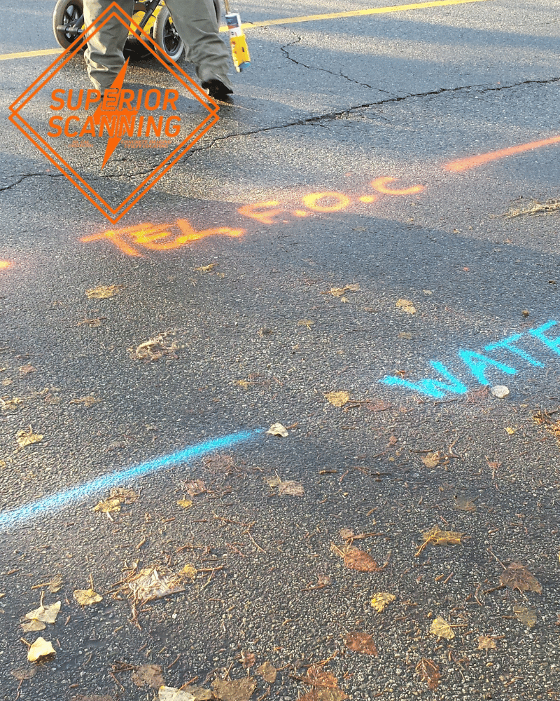 Orange spray paint marks on asphalt read "TEL F.O.C." next to blue spray paint marks that read "WATER".