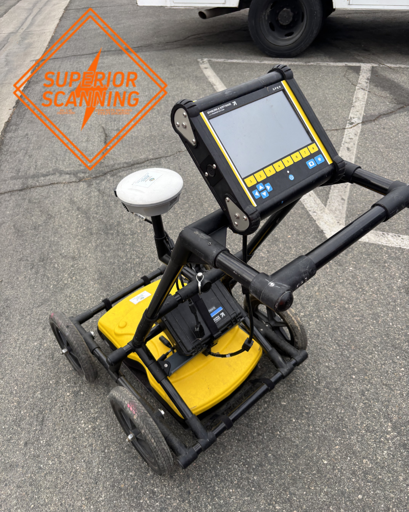 A ground penetrating radar cart with a yellow base, a control unit with a screen and buttons, and a GPS antenna sits on an asphalt surface. A white truck is partially visible in the background.