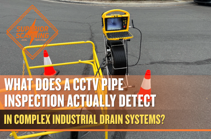 A sewer inspection camera setup with a yellow monitor and reel, surrounded by safety cones and a yellow barrier near an open manhole.