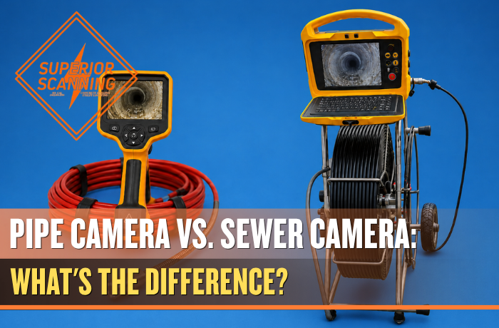 Side-by-side comparison of a handheld pipe camera and a larger sewer inspection camera system on a blue background.
