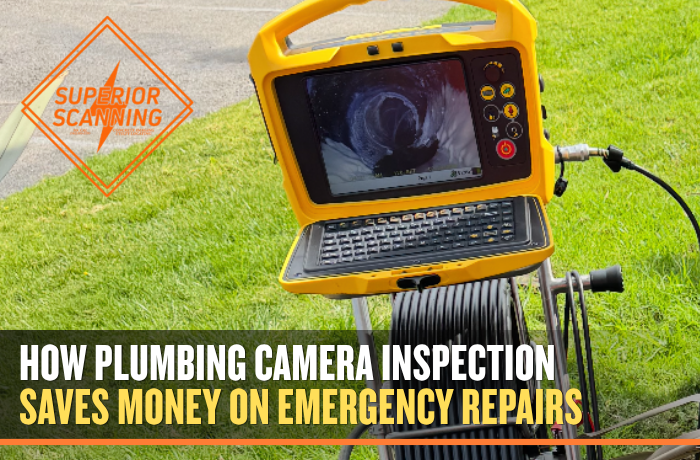 Portable plumbing inspection camera with monitor and cable reel used outdoors to view inside pipes