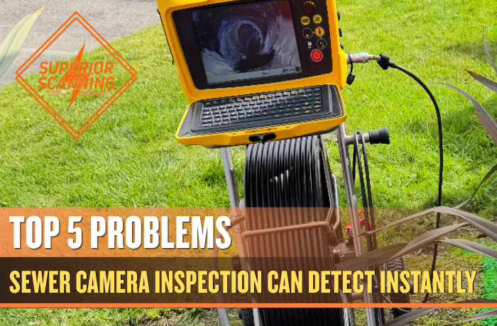 Yellow sewer camera on a metal tripod mount facing a yard with green grass, a small gravel path, and a spiky ornamental plant near the right side.