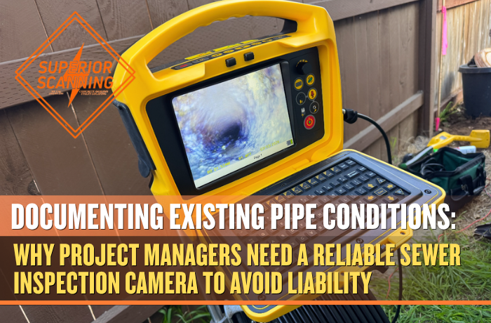 A yellow sewer inspection camera system with a screen showing a pipe interior and a keyboard rests on a reel of cable outdoors.