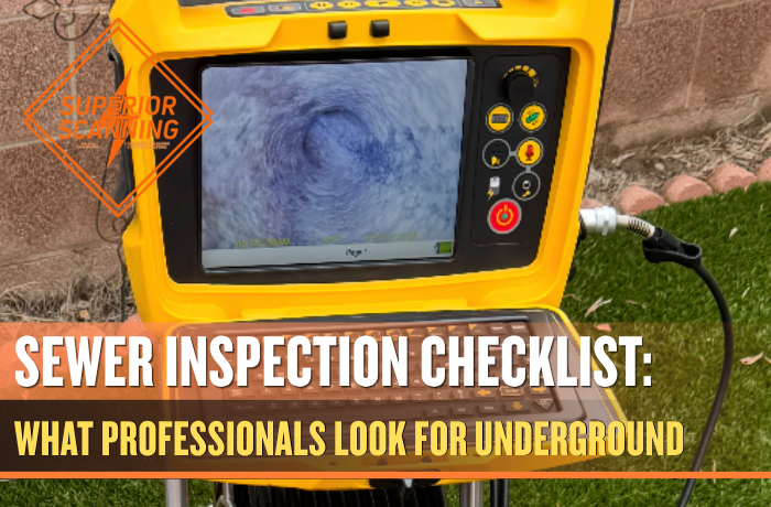 Yellow sewer inspection camera with a small screen and keypad sits on a metal stand in a backyard, with green grass, brick walls, and scattered tools and equipment on the ground nearby.