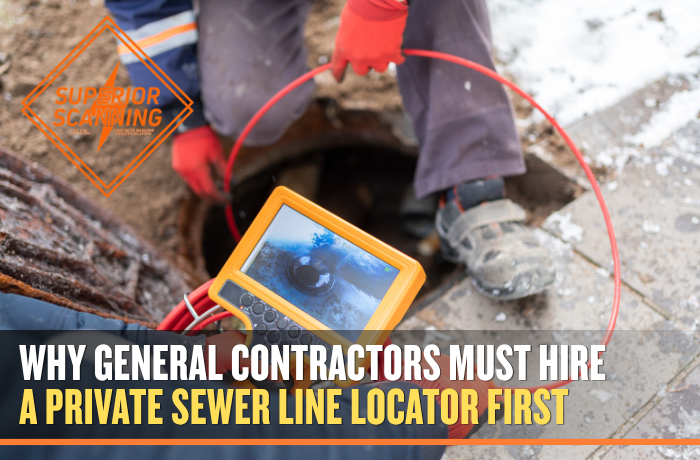 A person in orange gloves holds a camera inspection device with a screen displaying a pipe interior, connected to a red cable that leads into a manhole.