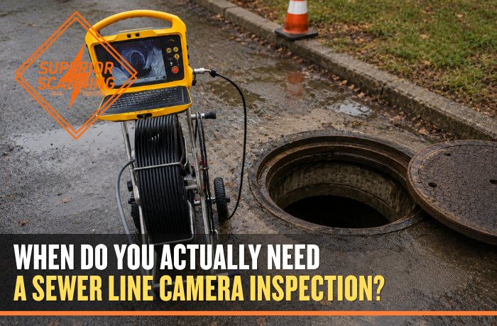 Yellow sewer line camera inspection unit with monitor, cable reel, and control panel positioned on a wet street next to an open manhole and cover, visually representing when a sewer line camera inspection is needed to investigate hidden pipe issues such as backups, damage, or blockages.
